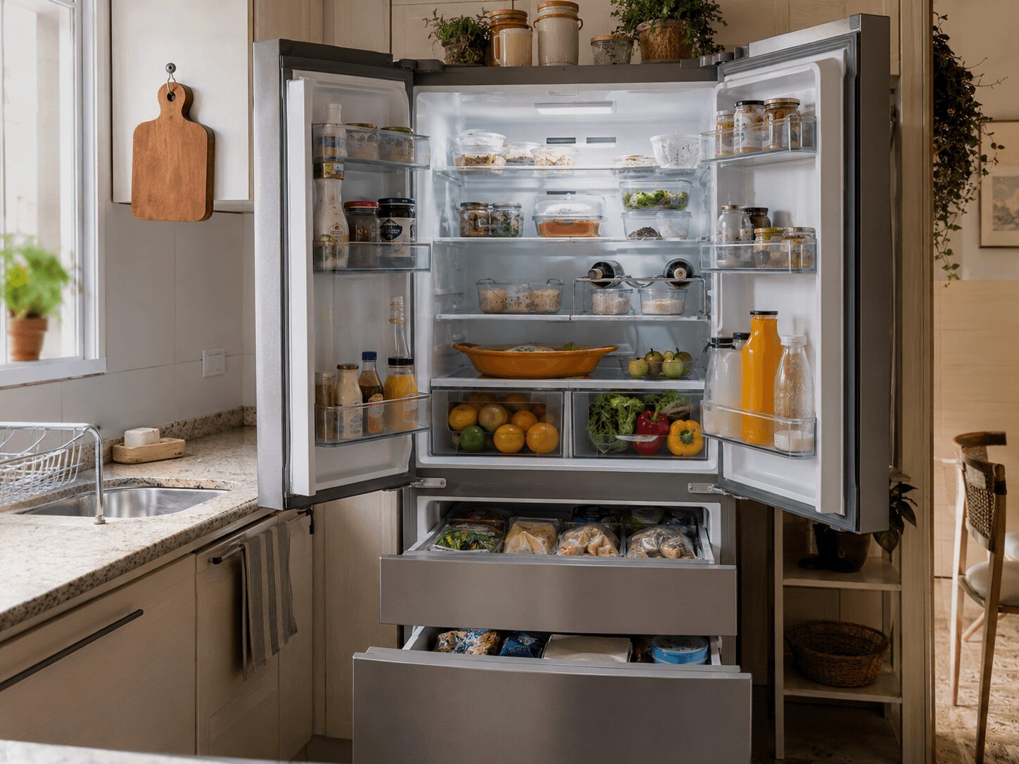 Interior organizado de geladeira French Door com freezer inferior