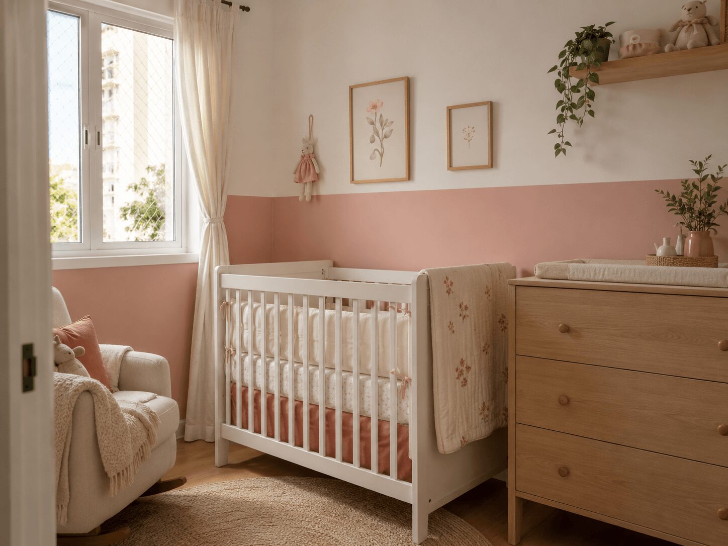 Quarto de bebê menina pequeno com pintura de meia parede