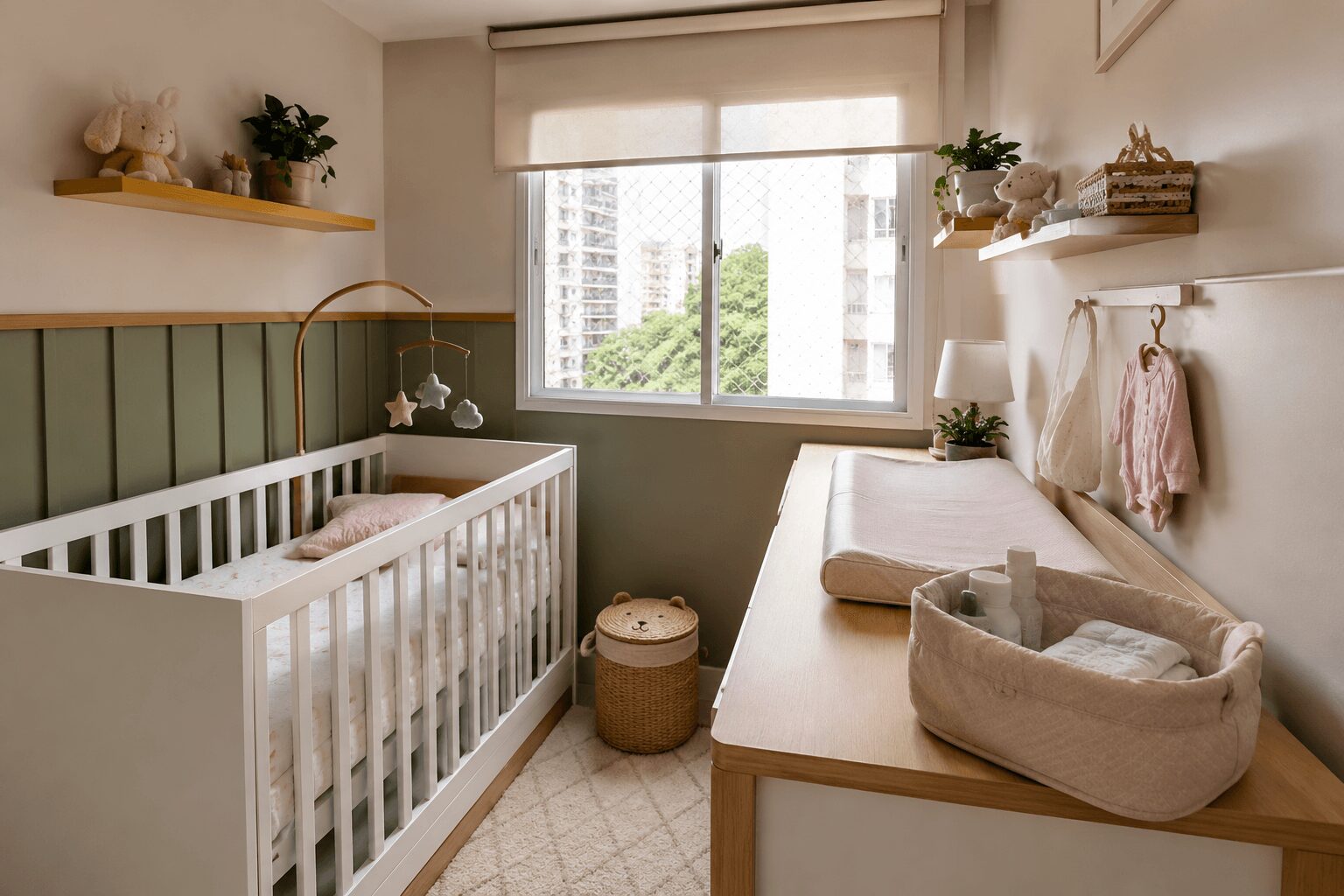 Decoração de quarto de bebê menina pequeno e funcional